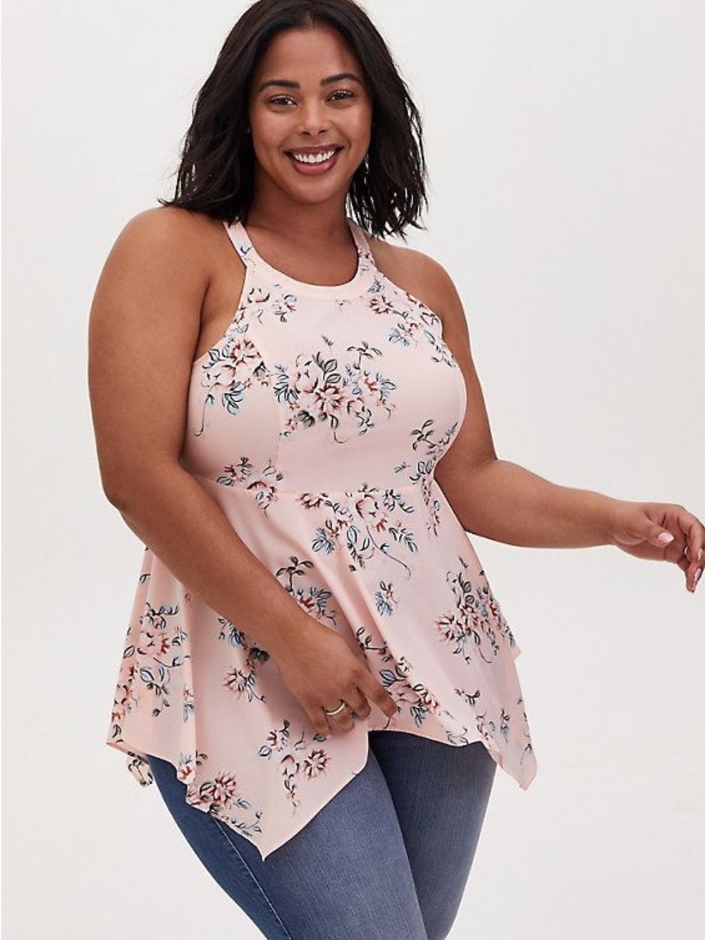 High Neck Floral Hankerchief Tank Top - Pink